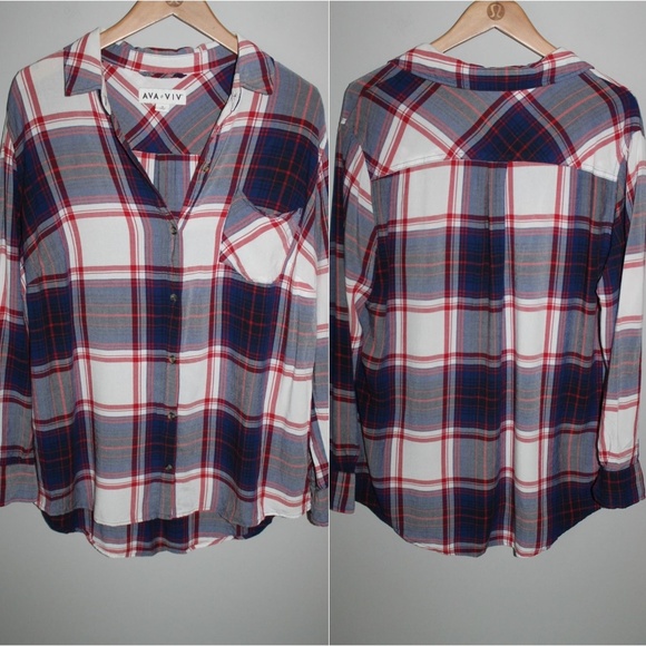 Ava & Viv Plaid Button Front Shirt 1X HW4392 - Picture 1 of 5